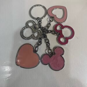 Disney Pink Mickey Mouse Head And Heart Silver Tone Key Chain EUC